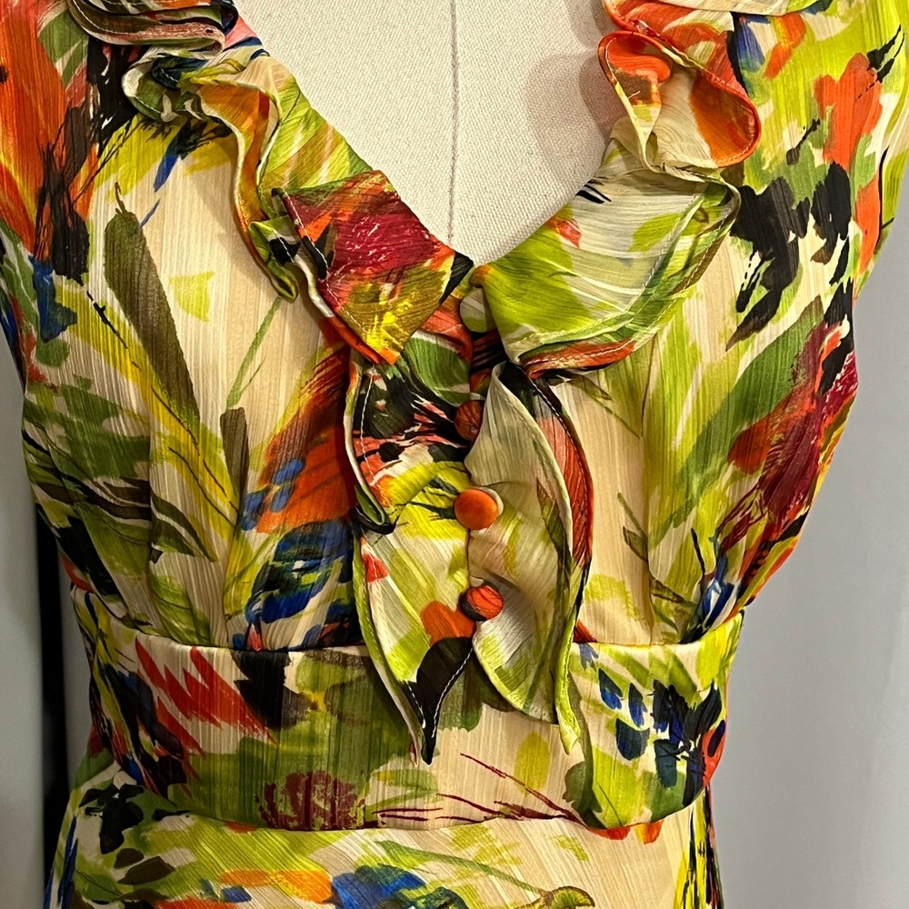 Donna Ricco Floral Midi Dress Womens 10 Yellow Abstract Ruffle Garden Artsy Chic - Picture 9 of 13